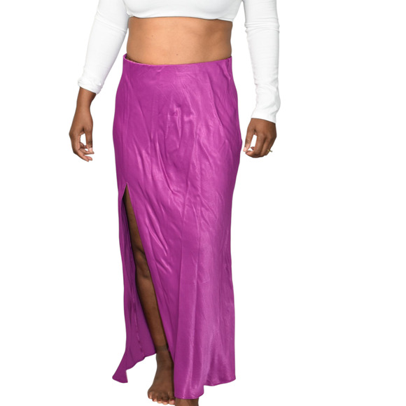 Anthropologie Satin Slip Skirt Purple Magenta Slit Midi Column Viscose Medium - Picture 9 of 14